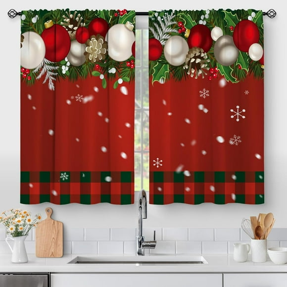 Christmas Ball Kitchen Curtains - Xmas Decorations Winter Red Pattern Cafe Small Short Tier Window Curtains for Living Dining Room Decor Rod Pocket Window Drapes 36 Inch Length Set 28"x36"