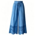 thumbnail image 4 of Women's Boho Lace Hem Wide Leg Palazzo Pants Drawstring Elastic Waist Loose Casual Trousers with Pockets Lightweight Lounge Beach Pants Blue, 4 of 5