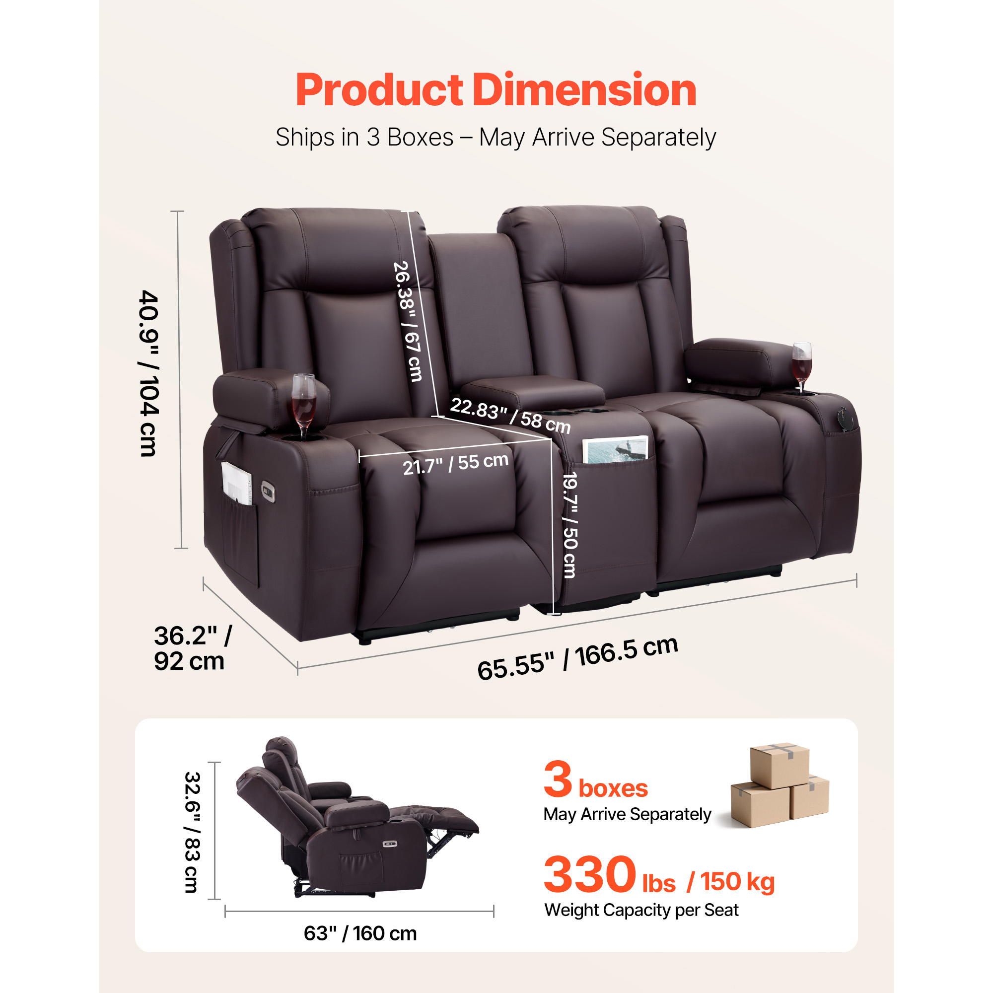 KFFKFF Reclining Loveseat Sofa with Heating, Massage, and Timer, PU Leather Electric Couch with Center Console, USB Ports, Cup Holders, and Side Pockets for Living Room