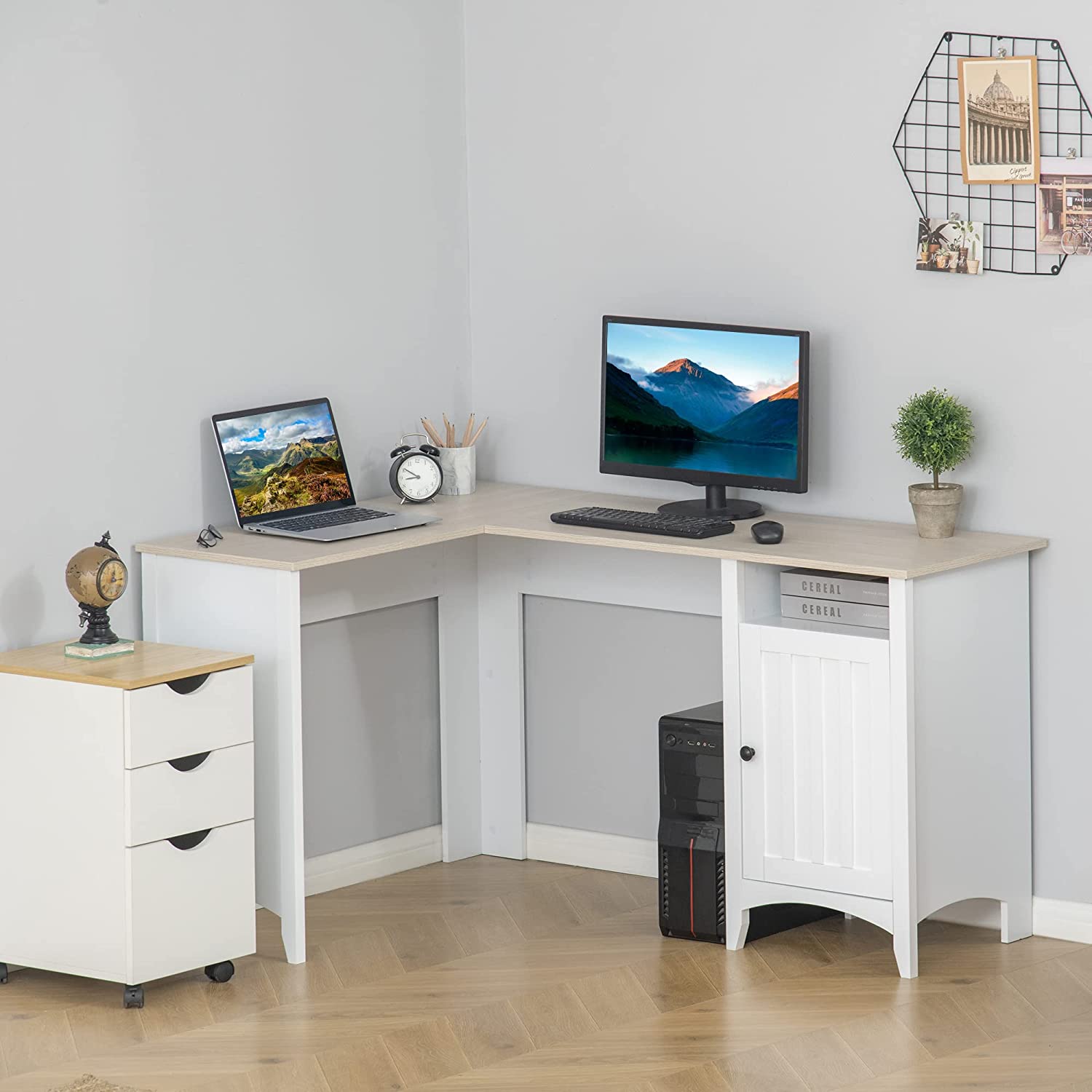 L-shaped Computer Desk With Open Shelf And Storage Cabinet Corner 