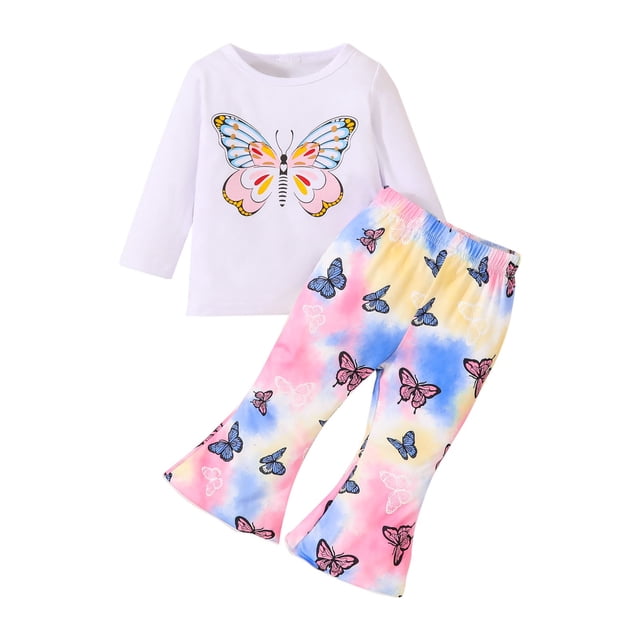 Odeerbi 6M-3Y Niñas Algodón Conjuntos Gradiente Tie-Dye Camiseta Manga Larga Pantalones Acampanados Conjunto Dos Piezas
