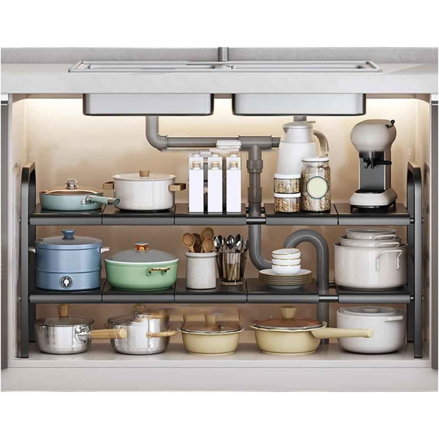 Estante para Cocina,Organizador Fregadero Debajo, Organizador de Fregadero, Estante de Almacenamiento con Paneles Extraíbles, para Cocina, Baño, Ajustable (Negro)