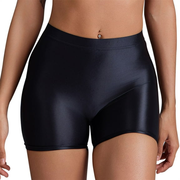 Women's Mid-Rise Glossy Workout Shorts – Sexy Tight-Fit Athletic Yoga Shorts for Fitness, Cardio & Hot Weather Training,Black L