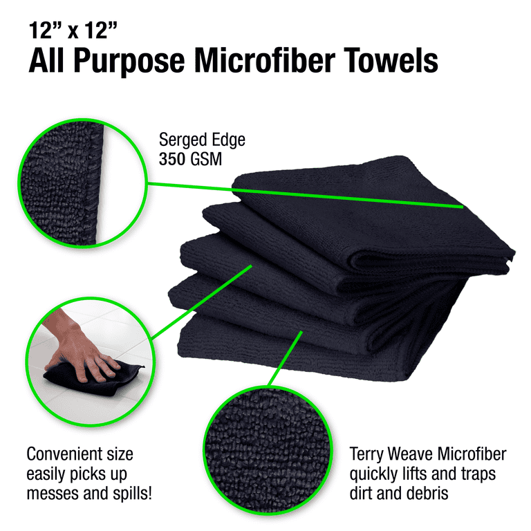 Eurow Microfiber Cleaning Towels Green with Black Trim 12 x 12in 350 GSM 50 Pack