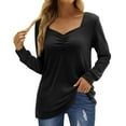 thumbnail image 2 of HAiming Women's V Neck Tops 2025 Trendy Solid Long Sleeve Pleated Tunic Shirts Fall Casual Loose Pullover Blouse, 2 of 9