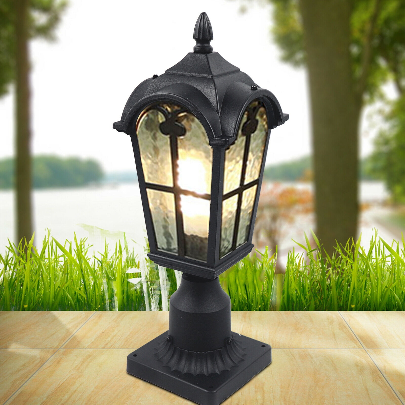 DENEST Vintage Post Pole Light Outdoor Lantern Lamp Garden Patio Yard Fixture Black