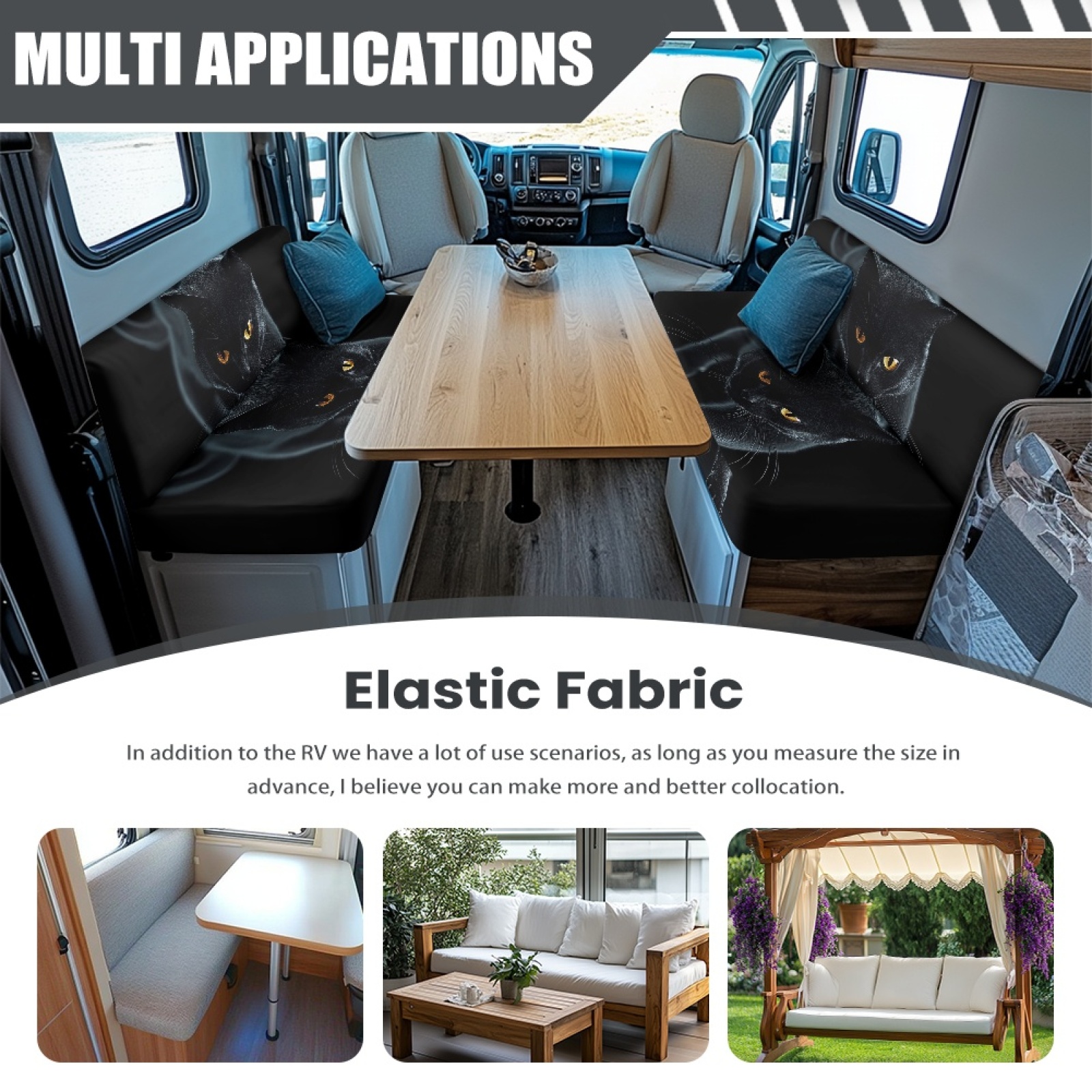 FORUDESIGNS Black Cat Pattern 2 pcs RV Dinette Cushion Covers Elastic Camper Seat Covers Dinette Booth Comfortable Furniture Protector for RV Camper Car Bench
