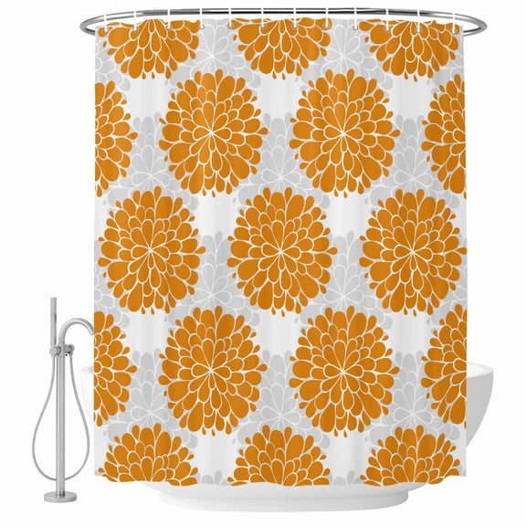 Orange Dahlia Shower Curtain, Waterproof Shower Curtains for Bathroom, Farmhouse Abstract Gray Floral Flowers Washable Fabric Bathtub Curtain Set Bath Decor with 12 Hooks Long 72"x84"