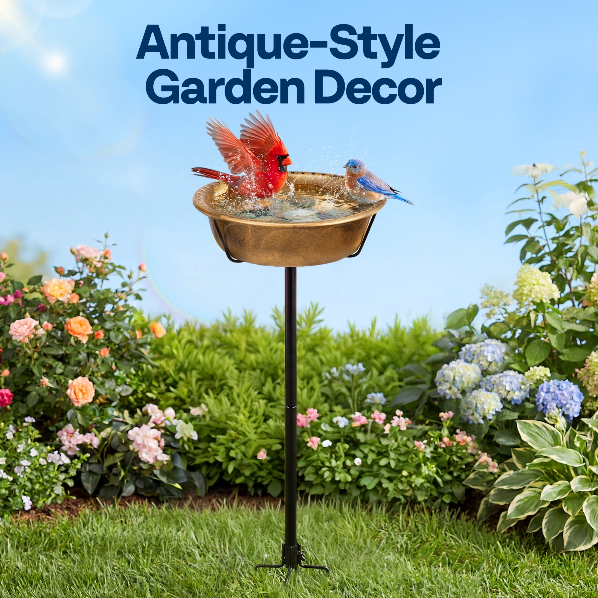 SPECSTAR Bird Bath for Outside, Outdoor 13'' Birdbath Bowl with Metal Ground Stake, Weather-Resistant ABS Bird Bath and Feeder for Garden, 1.45 Gallons, Copper