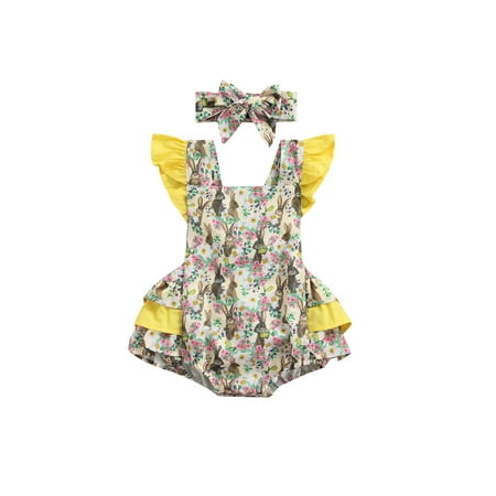 

Qiylii Baby Girls Thanksgiving Romper with Headband Fly Sleeve Floral Rabbit Printing Romper