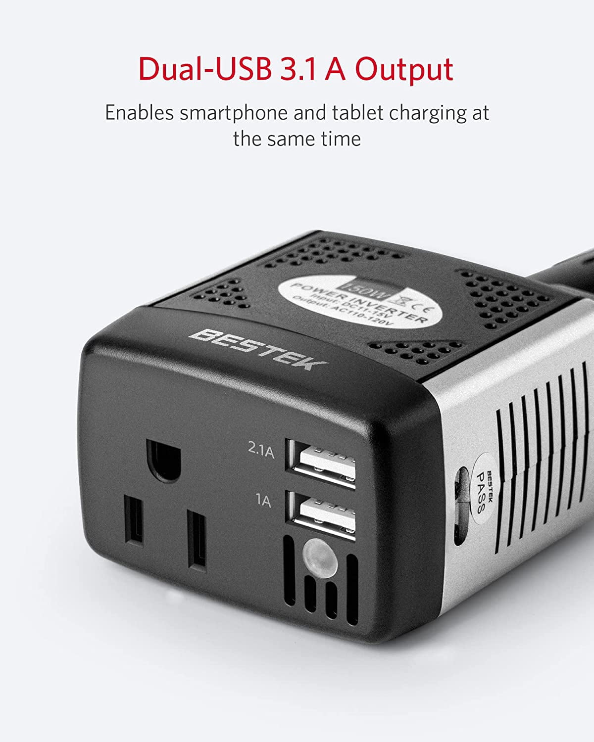 BESTEK 150W Power Inverter 12V to 110V Voltage Converter Car Charger Power Adapter with 2 USB Charging Ports (3.1A Shared),Gray