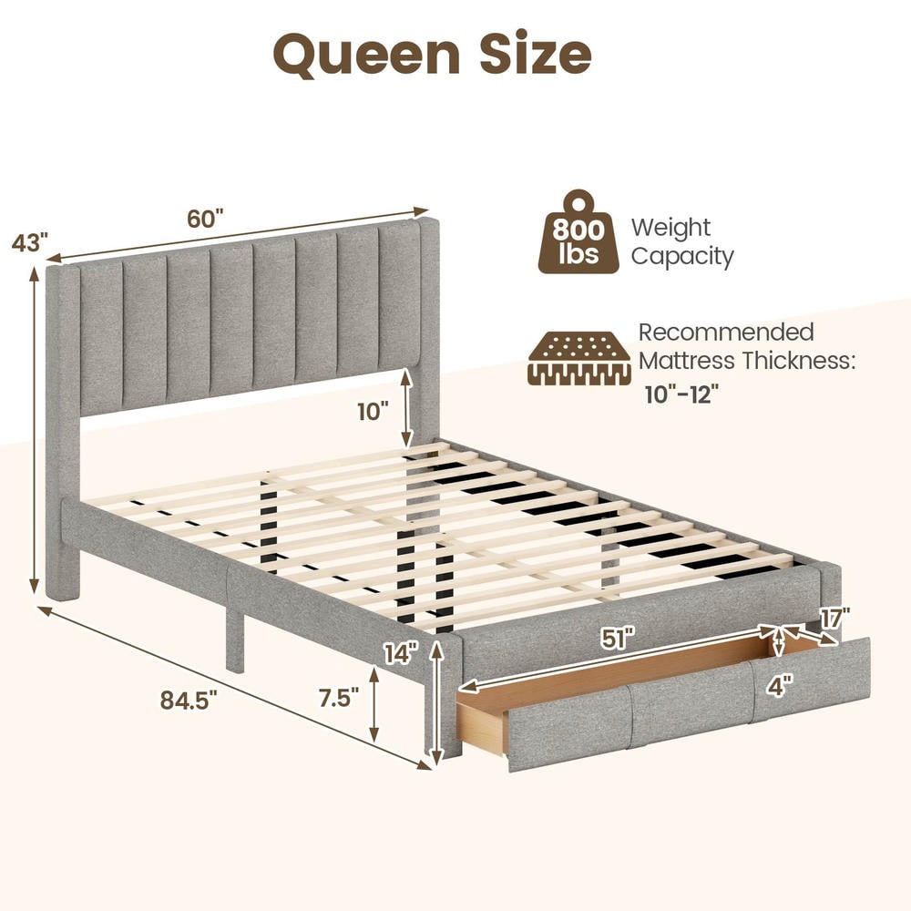 Barara King Queen Size Bedroom Bed Frame with Storage Drawer and Vertical Channel Headboard, Bed Platform Frame for Apartment, Bedroom, Beige