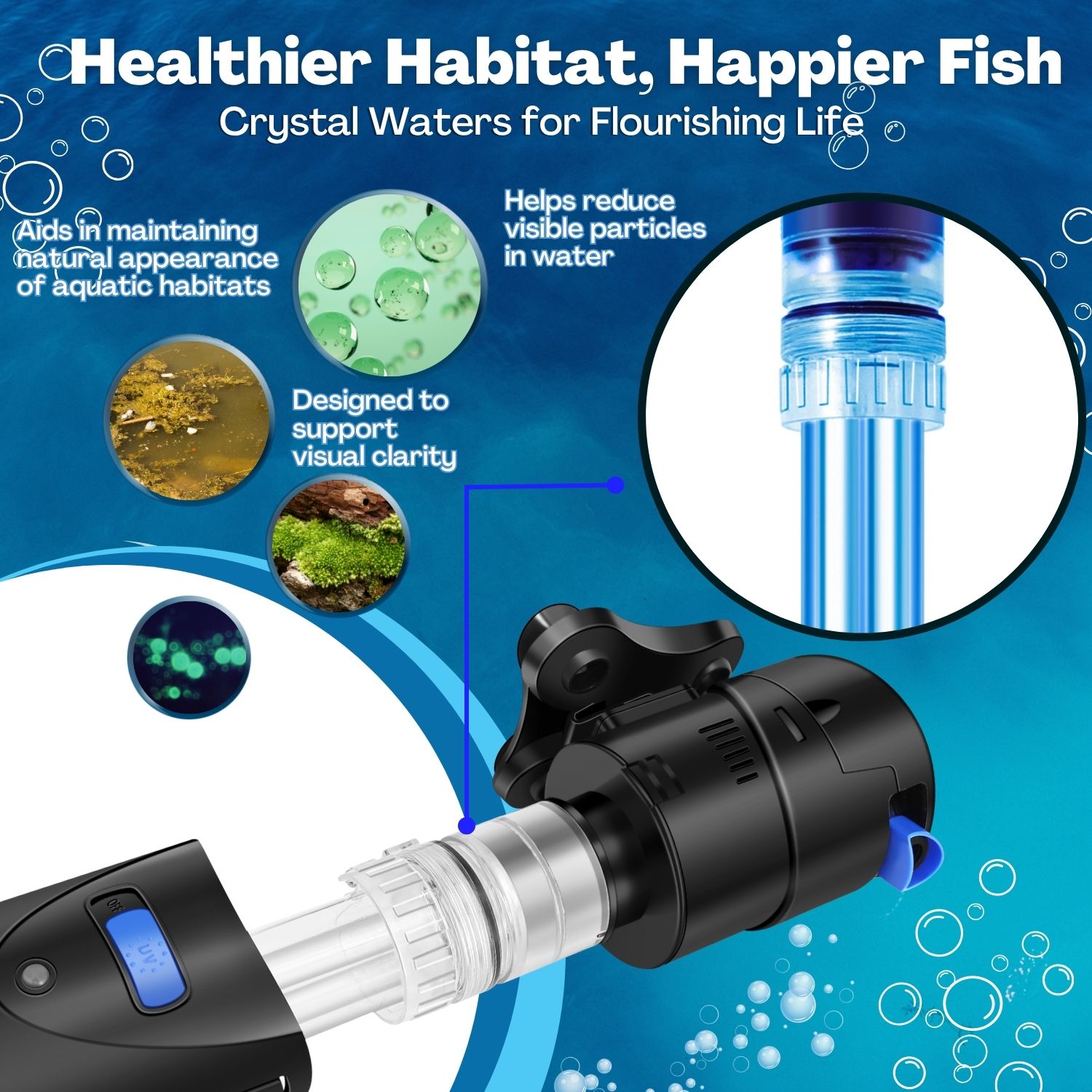 UV for Aquarium - 4-in-1 Aquarium Water Filter Pump & UV Light for Fish Tank, Fully Submersible with Quartz Bio-Balls, Suitable for Fresh & Saltwater UV Needs - Black