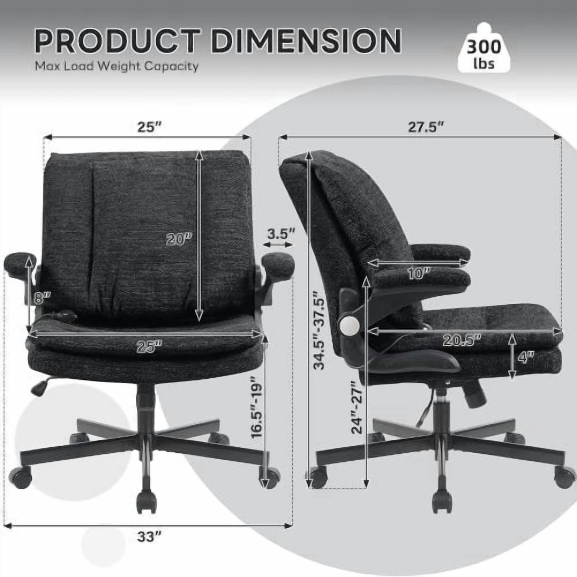Criss Cross Legged Office Chair with Flip-Up Back, Built-In Dynamic Airbag Lumbar Support, Wide Seat Desk Chair with Flip-Up Arms, Modern Cross-Leg Chair for Home Office, Vanity, Black