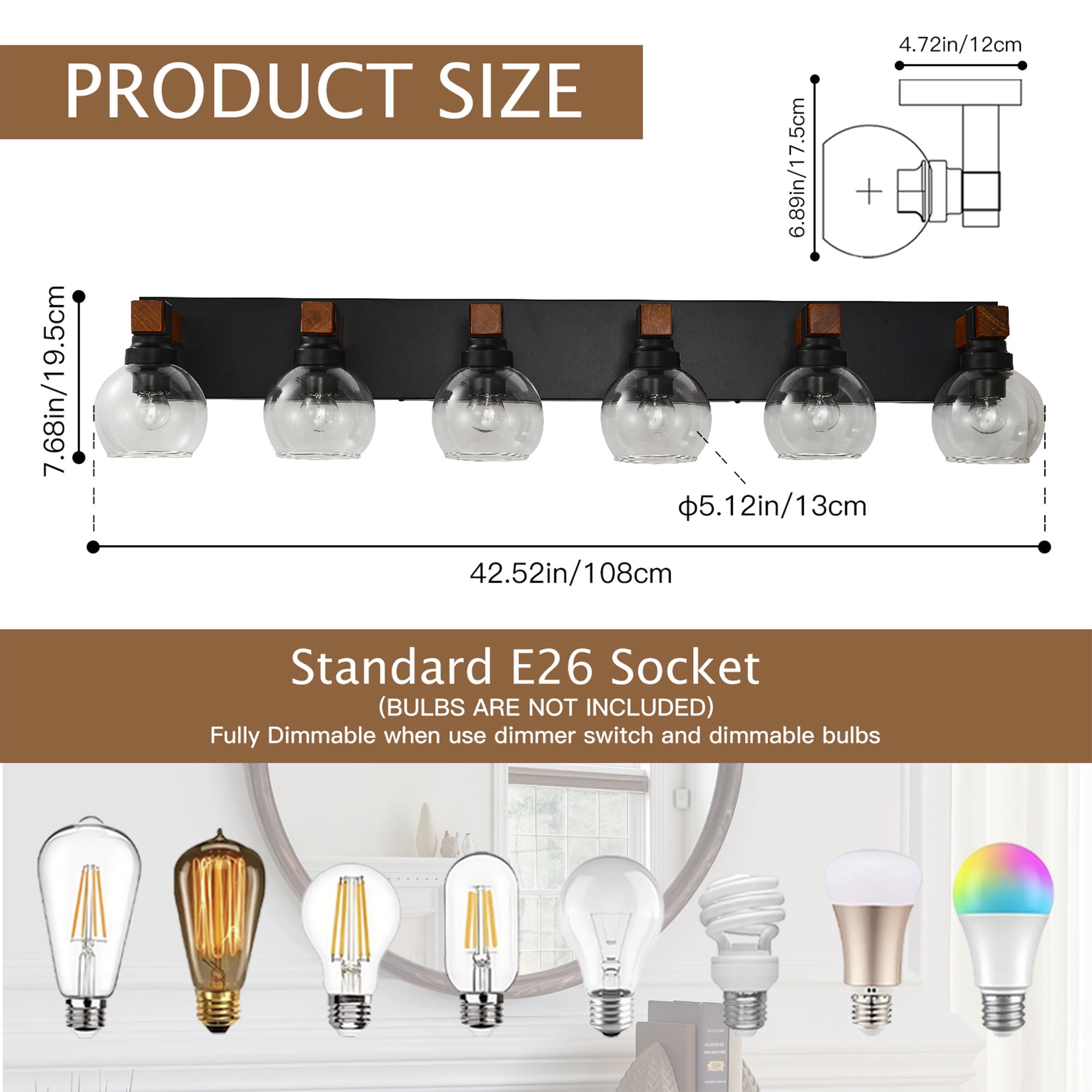 6 Light Bathroom Vanity Light Fixture,Black and Gold Bathroom Finish Over Mirror,Farmhouse Wall Sconces with Clear Glass Shade for Living Room Bedroom