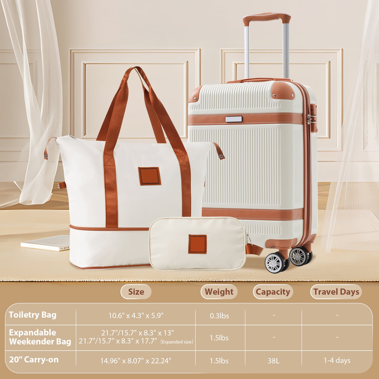EUROCO 3 Piece Luggage Set, 20" Carry-on Suitcase with TSA Lock and Double Spinner Wheels, Hardshell Lightweight Luggage Set for Men Women,White