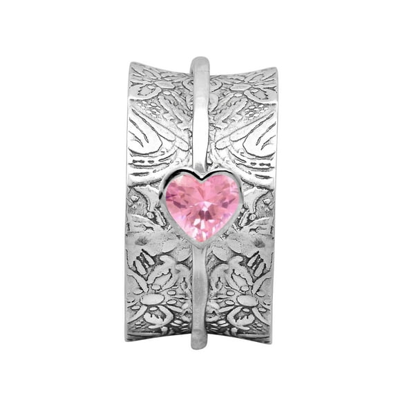 5MM Heart Pink CZ 925 Silver Single Band Meditation Men Women Spinner Ring