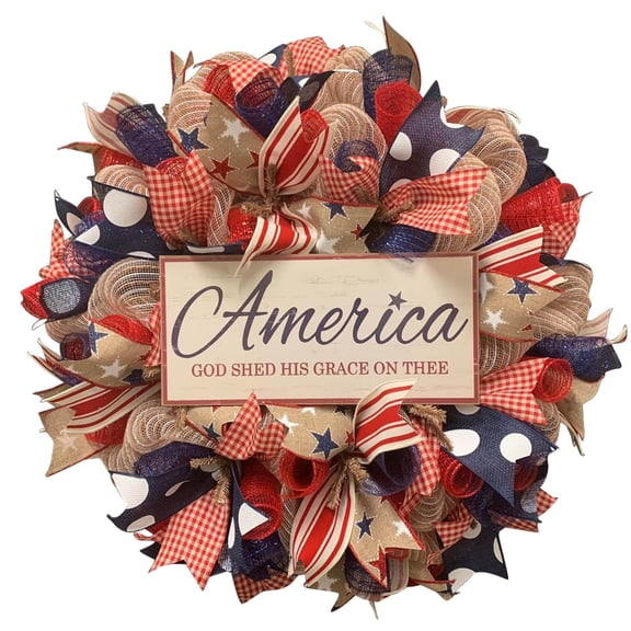 Front Door decorations, Patriotic decor, 24 in, Front Door Wreath, 4Th of July decor, Outdoor Holiday decorations, Rustic Home decor, Polka Dot Ribbon, 1 Pc