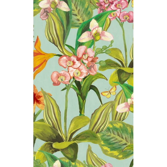 Light Blue Hand Painted Orchids Floral Wallpaper R8139