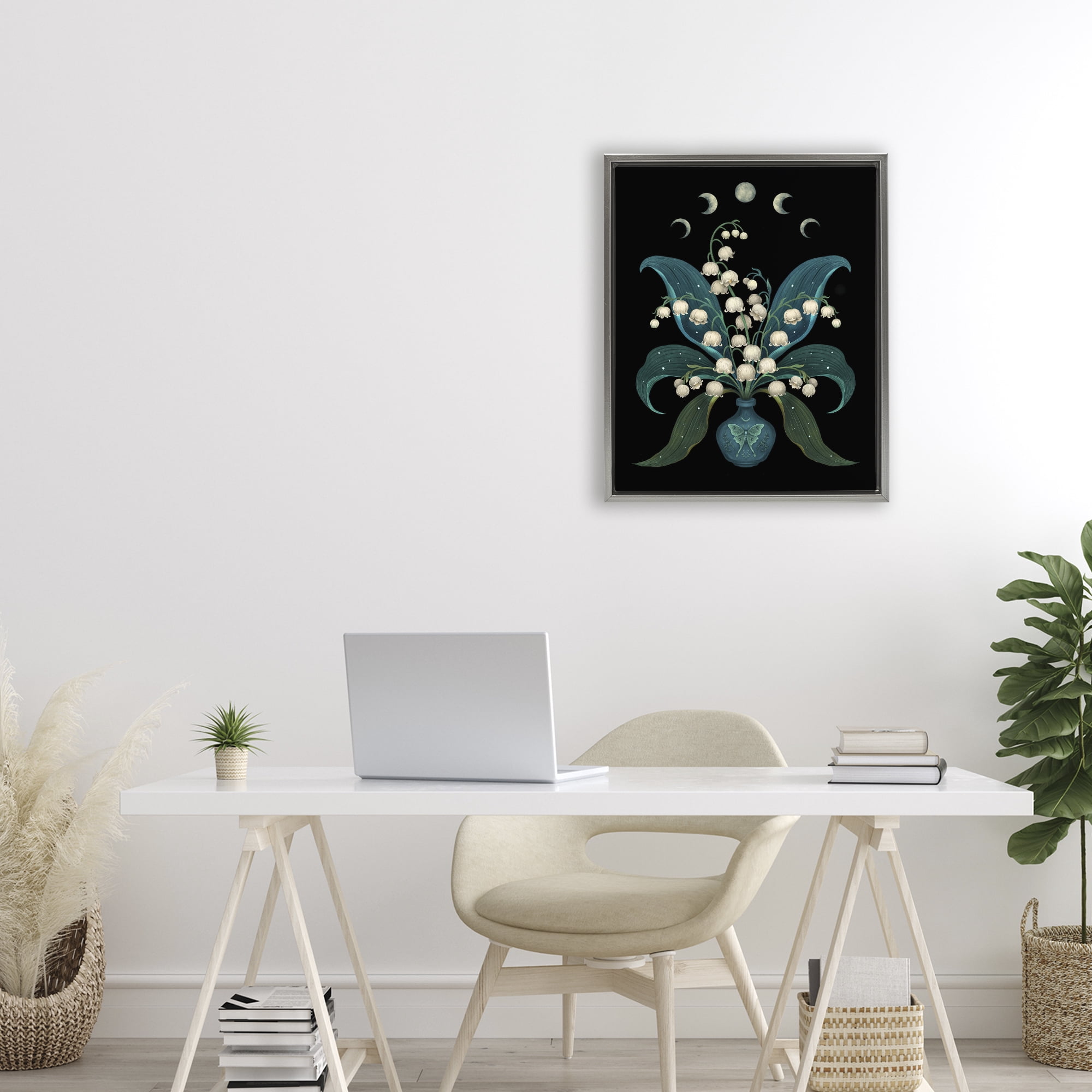 Stupell Industries Lunar Lily Of Valley Gray Framed Floater Canvas Wall Art, design by Episodic Drawings