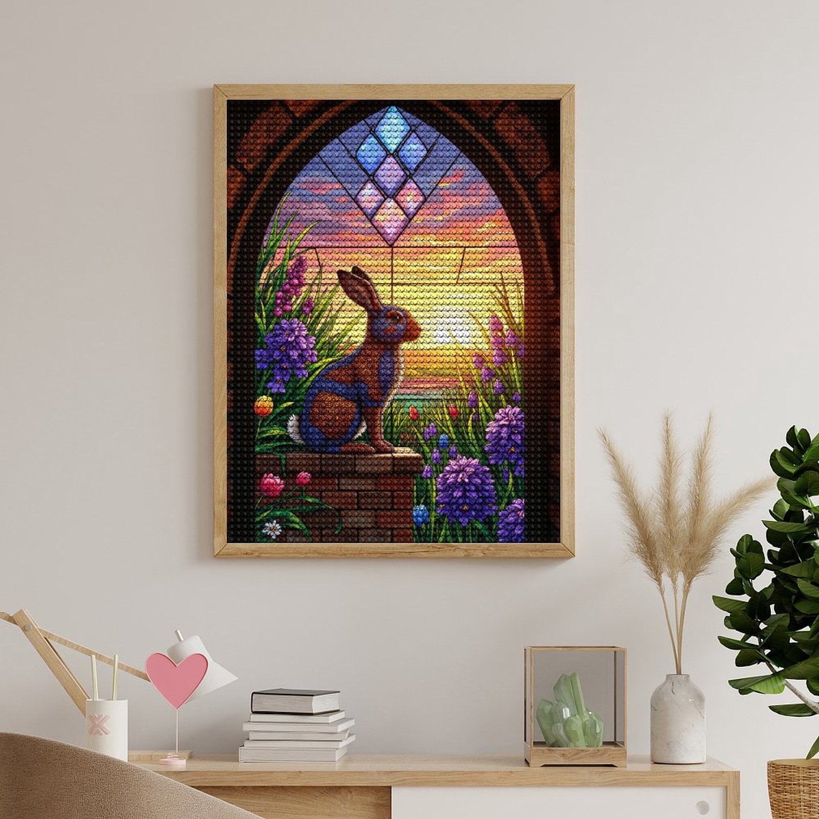 Diamond Art Kits for Adults, Rabbit Sunset Floral Stained Glass 5D Diamond Painting Kits for Adults Beginners, DIY Full Drill Diamond Painting, Gem Art and Crafts 12x16