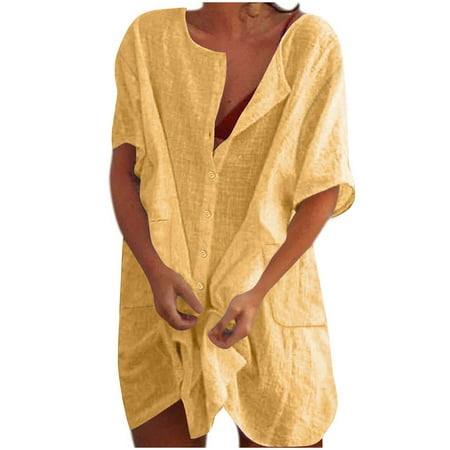 Usdian Graduation Dress Short Sleeve Lightweight Boho Dresses Summer Dresses for Women Beach Dresses for Women Simple Solid for Beach Yellow M Clearance Sales Today Deals Prime