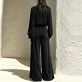 thumbnail image 4 of Szluipve 2 Piece Sets for Women Velvet 2 Piece Matching Outfit High Neck Pleated Long Sleeve Blouse Top & High Waist Wide Leg Palazzo Pants Elegant Party Set with Pockets Black XL, 4 of 9