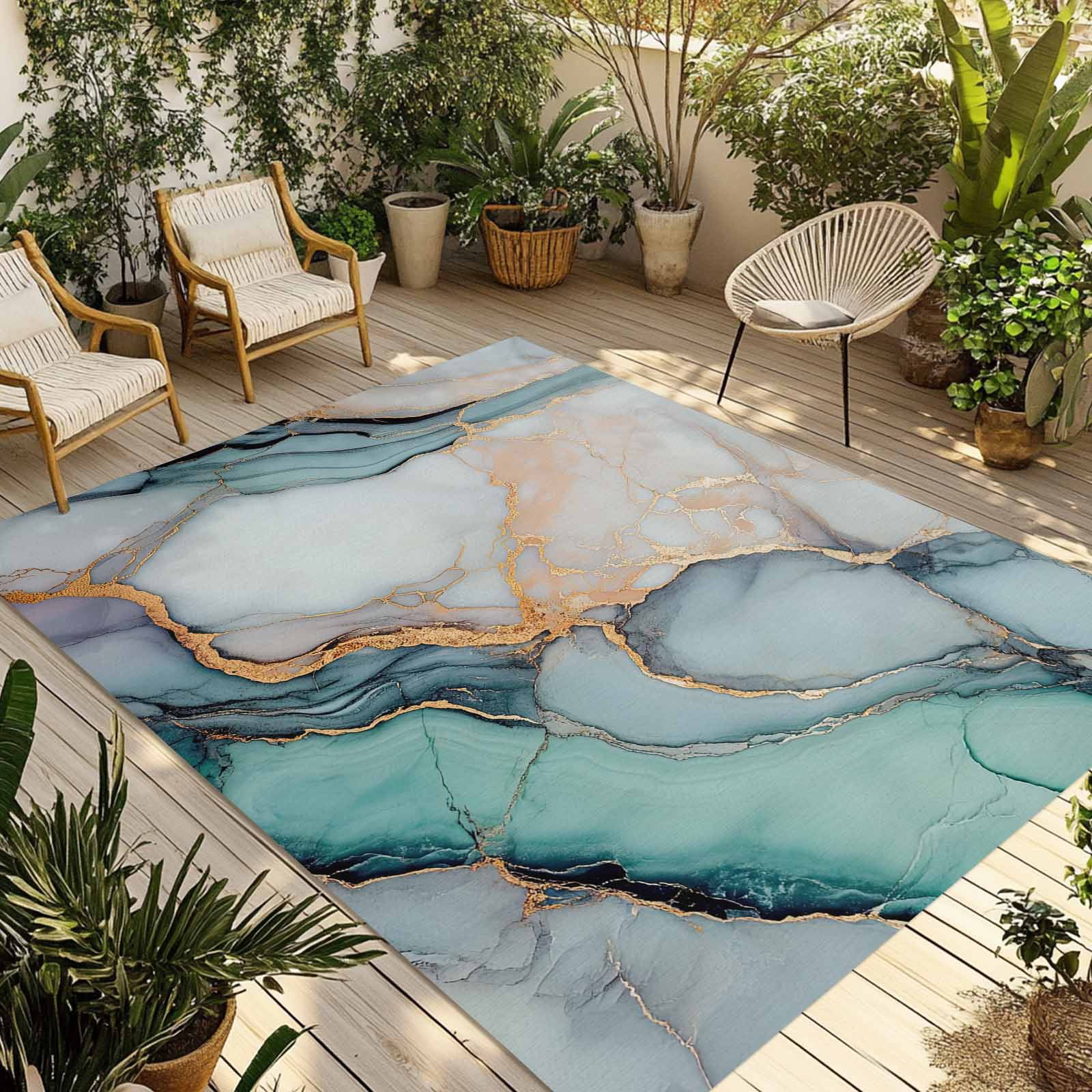 Outdoor Rug 5x8ft Teal Blue Grey Marble Large Area Rug Modern Abstract Art Indoor Outdoor Carpet Outdoor Rugs Mats for Patio Camping,RV,Front Door, Outside Decor