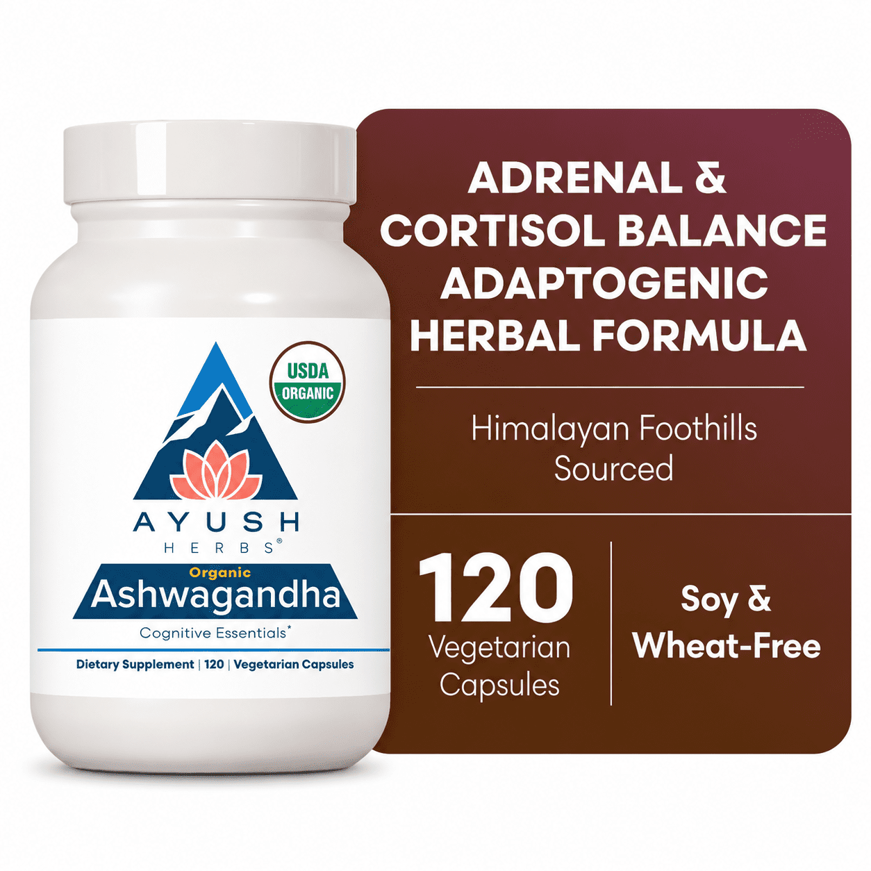 Ayush Herbs Organic Ashwagandha Capsules for Cognitive Wellness and Stress Relief, 500 mg, 120 Count