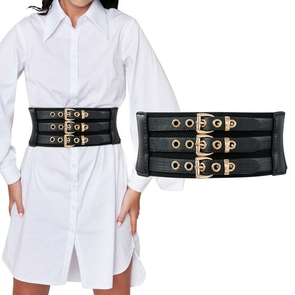 Rigardu belts for women Women's Fashion Wide Waist Belt Elastic Stretch Belts With Interlock Buckle womens belt Black + One size