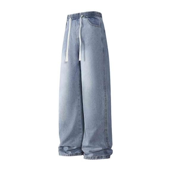Men's Baggy Denim Pants Y2K Wide Leg Jeans Casual Loose Fit Drawstring Elastic Waist Skater Trousers Hip Hop Streetwear Relaxed Lounge Pants