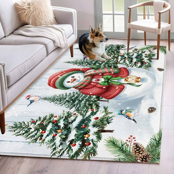 Christmas Snowman Area Rug 3x5 Washable Rug Non Slip Xmas Tree Snowflake Blue Wooden Winter Large Area Rug Indoor Floor Carpet for Entryway Bedroom Kitchen Living Room Home Office Dining Room Nursery