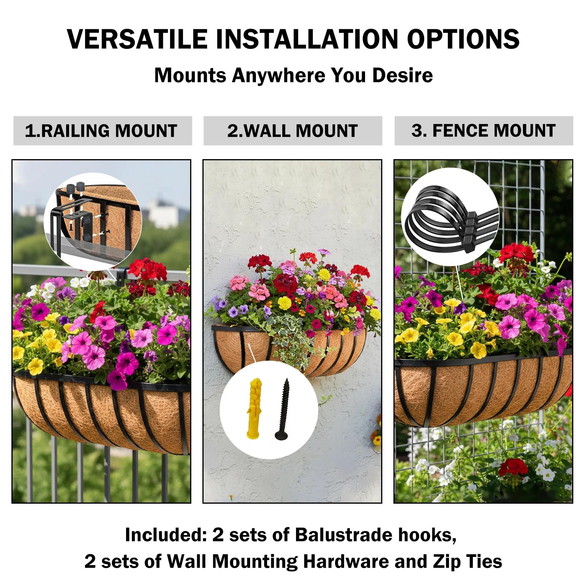 2 16 Inch Metal Wall-mounted Window Box with Coco Liner Outdoor Deck Balcony Porch Planter