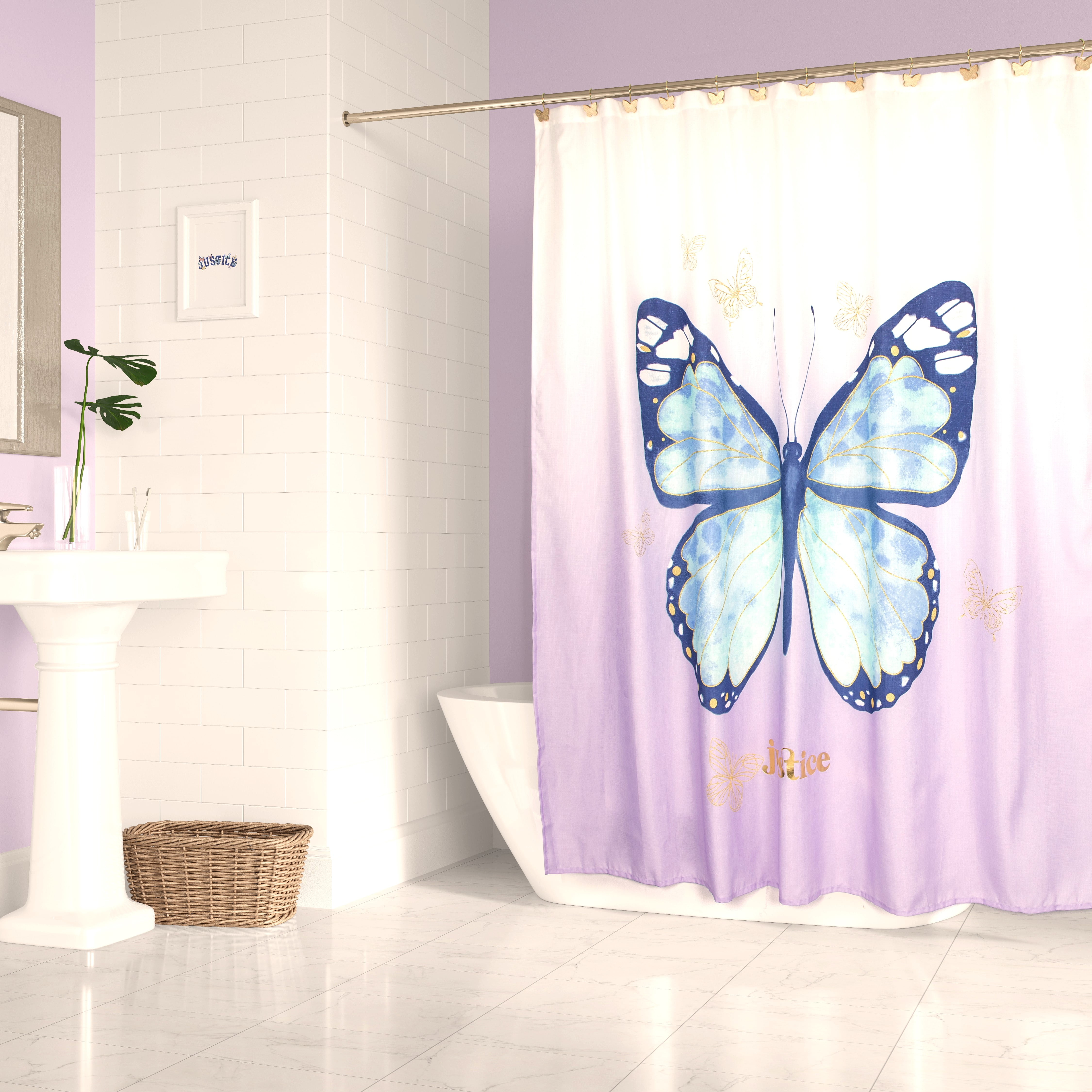 Red Rose & Butterfly Waterproof Bathroom Shower Curtain Toilet Cover Mat Rug Kit 