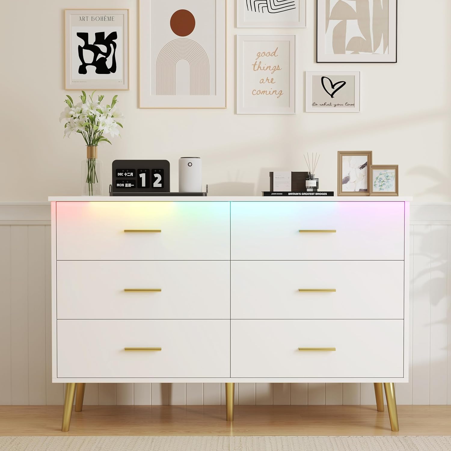 FANRAL 6 Drawers Dresser for Bedroom,Wood Modern Chest of Drawers with LED Light,Metal Support Feet,White Gold Dresser