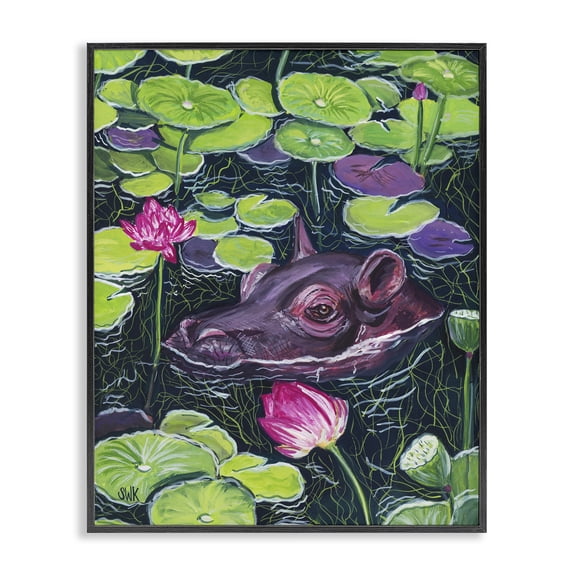Stupell Industries Hippo & Blossoms Pond Black Framed Giclee Art, design by Sarah Waldron Kimball