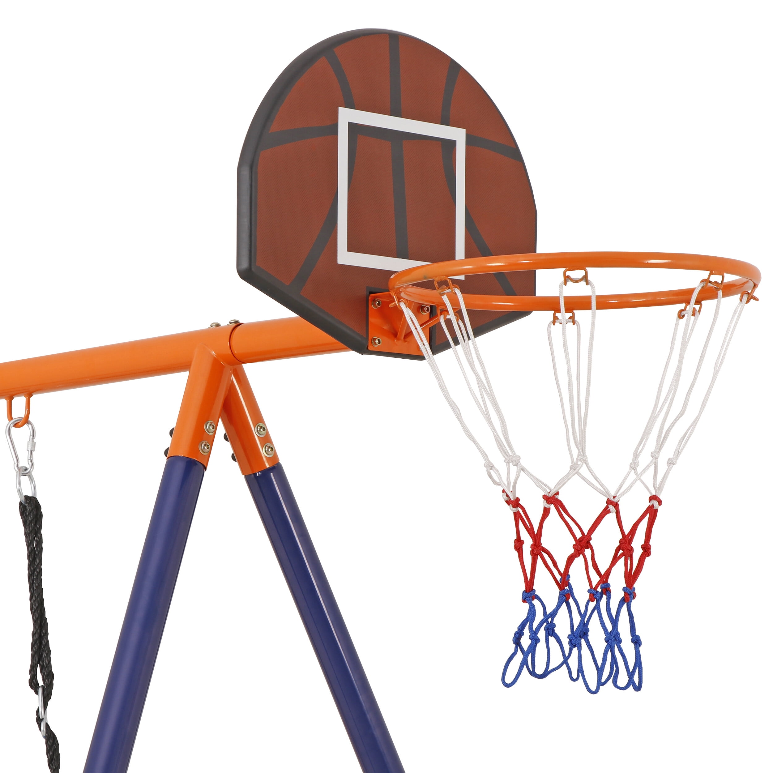 ZENSTYLE 6 in 1 Multifunctional Swing Set Steel Frame for Background with Seesaw, Basketball Rim, Climbing Ladder/Net