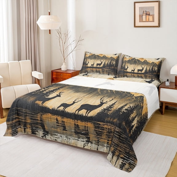 Homewish Jungle Wildlife Twin Sheet Sets,Natural Landscape Mountain Pine Twin Fitted Sheet,Rustic Western Cowboy Flat Sheet For Teens,Super Cozy Room Decor,3pcs