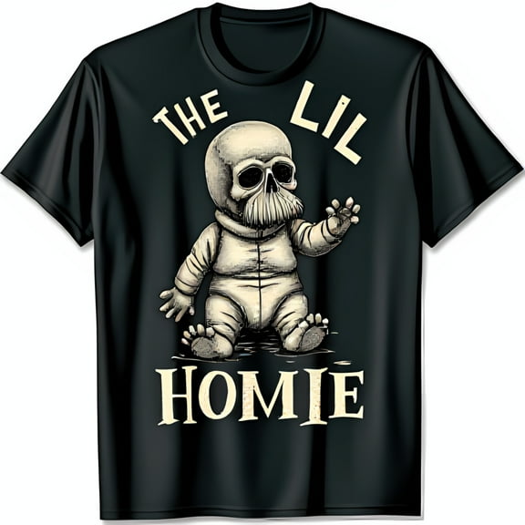 Funny Black T-Shirt with Cartoon Skeleton Graphic 'THE LIL HOMIE'
