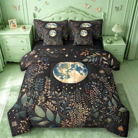 jejeloiu Cosmic Botanical 7 Pieces Full Size Bedding Sets For Girls,Whimsical Print Full Size Bed in a Bag,Multicolor Black,Black Reversible