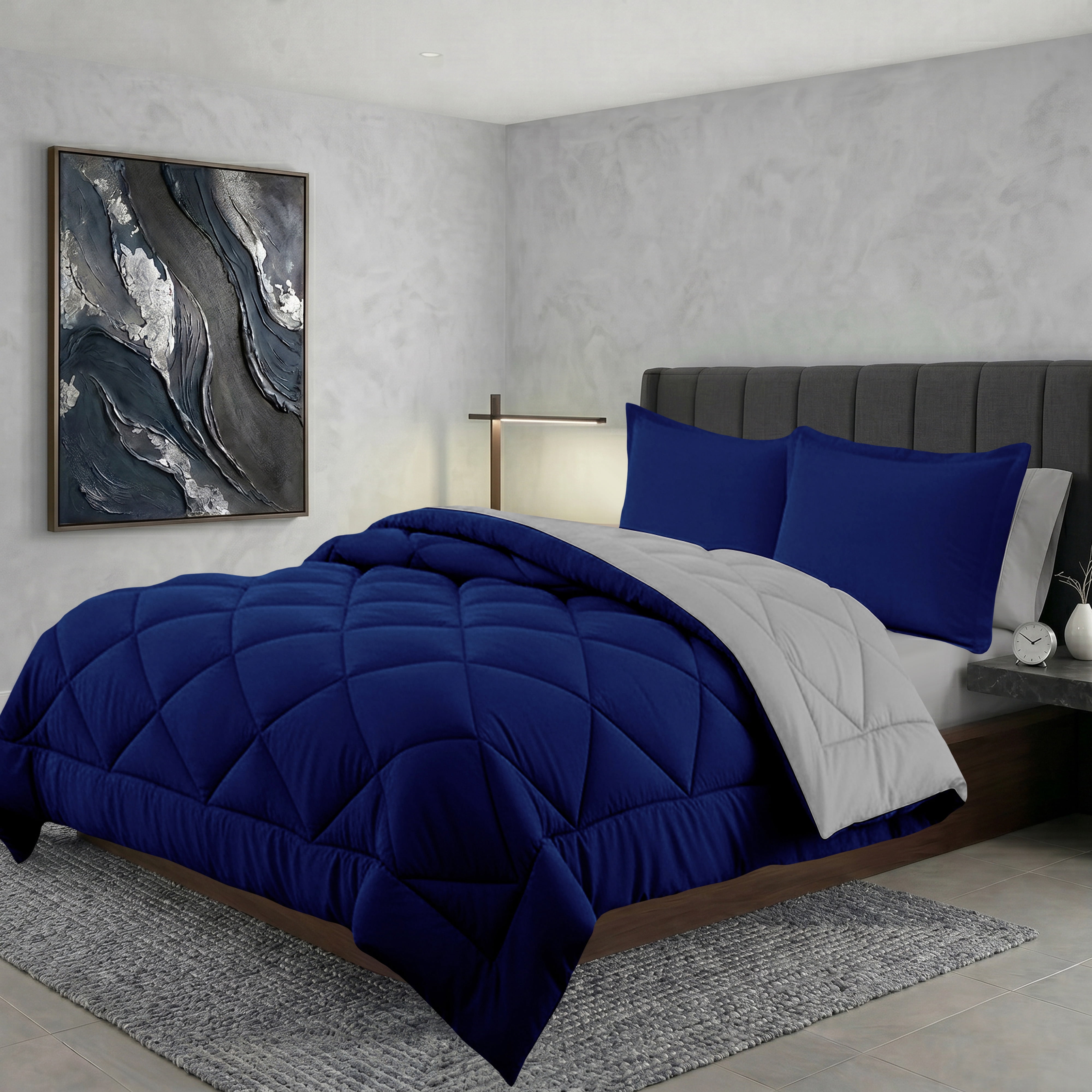 Elegant Comfort Classic Collection Luxury Power Reversible Comforter, Navy/Silver Diamond-Stitching Bedding Set, Full/Queen
