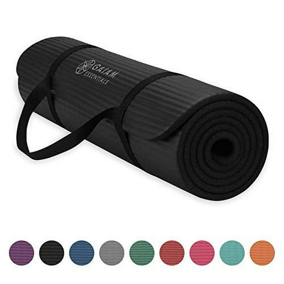 Gaiam Essentials Thick Yoga Mat Fitness and Exercise Mat With Easy-Cinch Yoga Mat Carrier Strap, Black, 72 InchL X 24 InchW X 2/5 Inch Thick