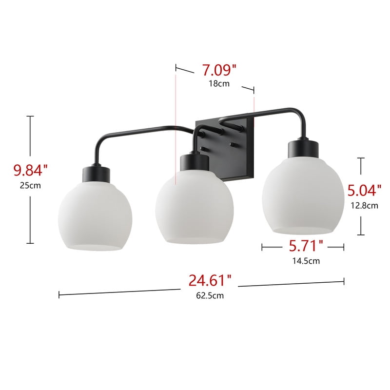 3-Light Black Vanity Light with Frosted Glass Shades, Stylish Bathroom Wall Sconce for Over Mirror, Bedroom (24.6 IN)