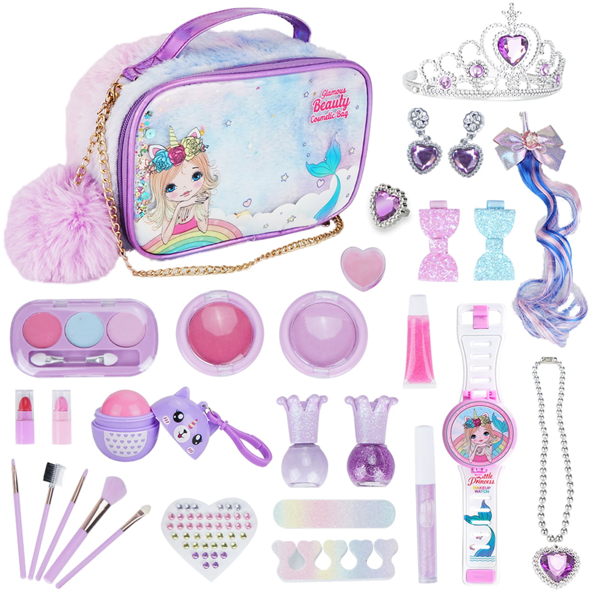 Ferthor Fun Kids Makeup Kit for Girl Pretty Princess Makeup Sets 14 Pcs  Play Make up Toys Washable Cosmetics Bag Gifts for 3 4 5 6 7 8 Year Old  Girls