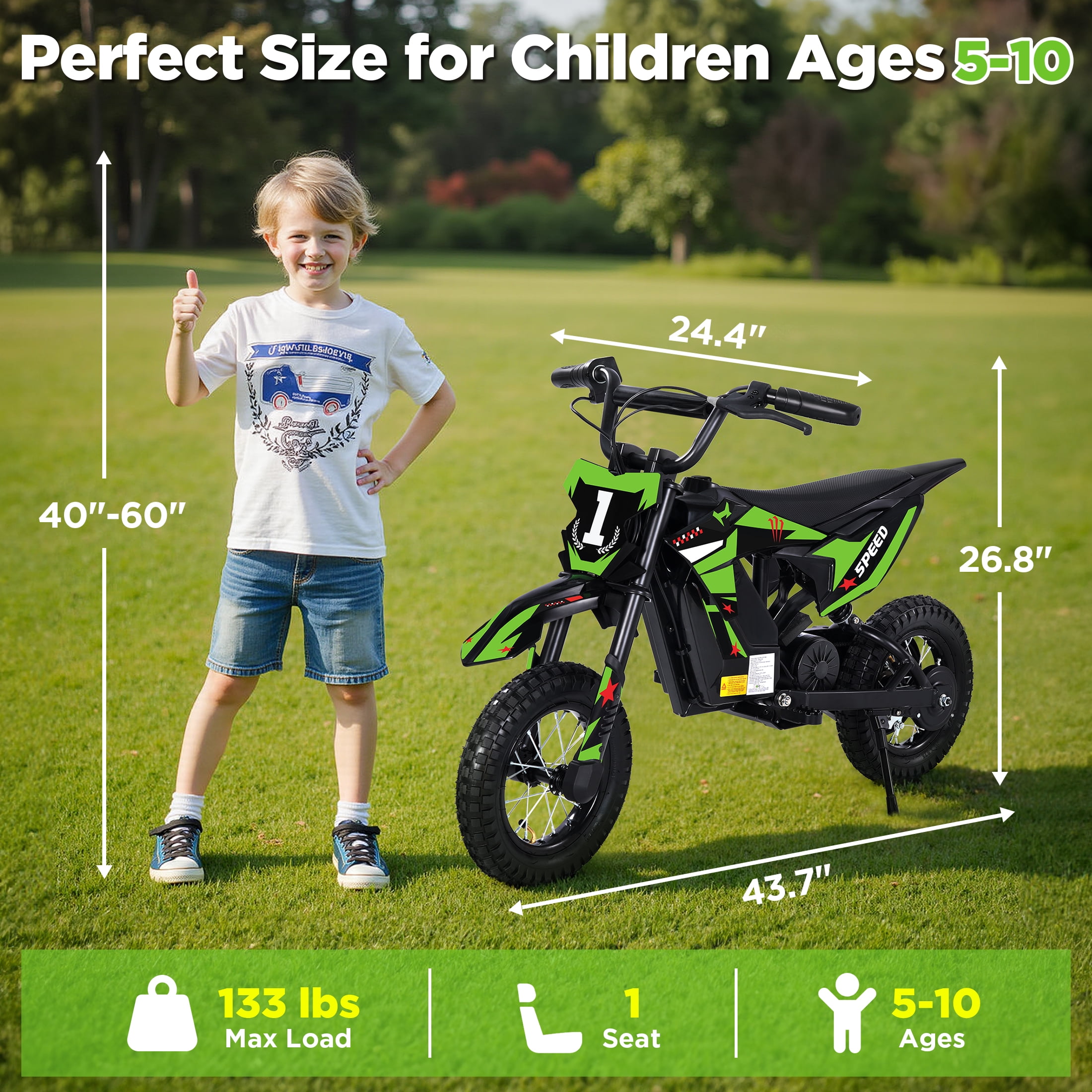 Wisairt 36V Kids Electric Dirt Bike, 15.5 mph High-Speed Electric Motorcycle Ride on Dirt Bike for Kids Aged 5-10, 133 lbs Max Load, 10-mile Range, Waterproof Seat, Twist Grip Throttle, Green