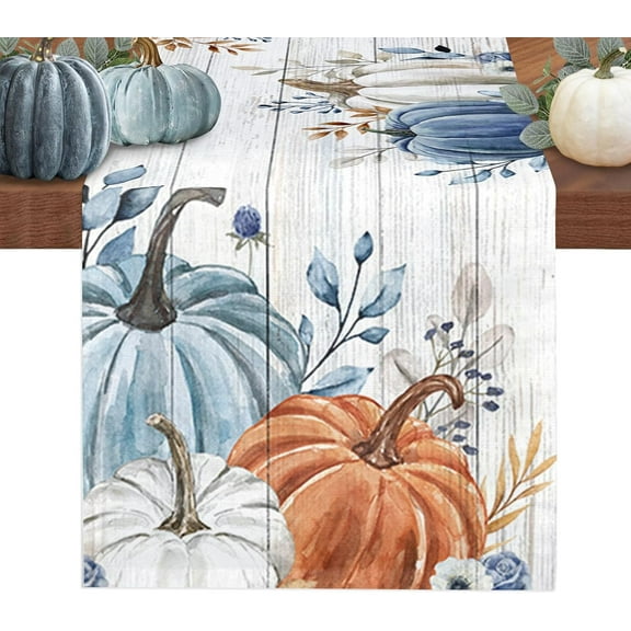 Fall Table Runner Blue Pumpkin Table Runners for Dining Room Leaves Floral Wood Grain Dinner Runner Thanksgiving Kitchen Decor 13.8" x 71"