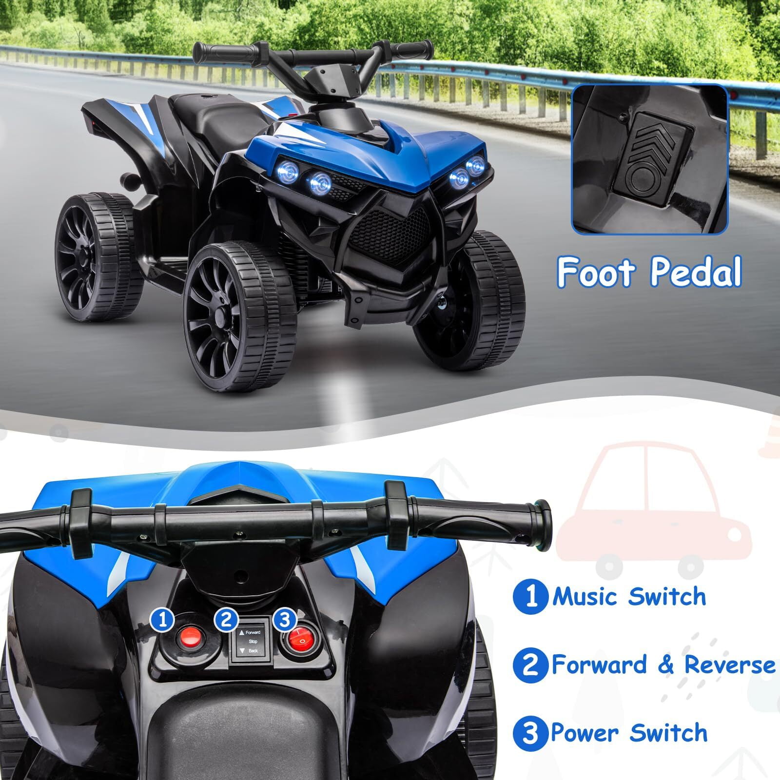 Juibresa Kids ATV 4 Wheeler, 6V Ride-On Car Toy for Children Ages 1-5, 1.8 mph Max Speed,  Music,Led Lights,Electric Vehicle Quad Car for Kids