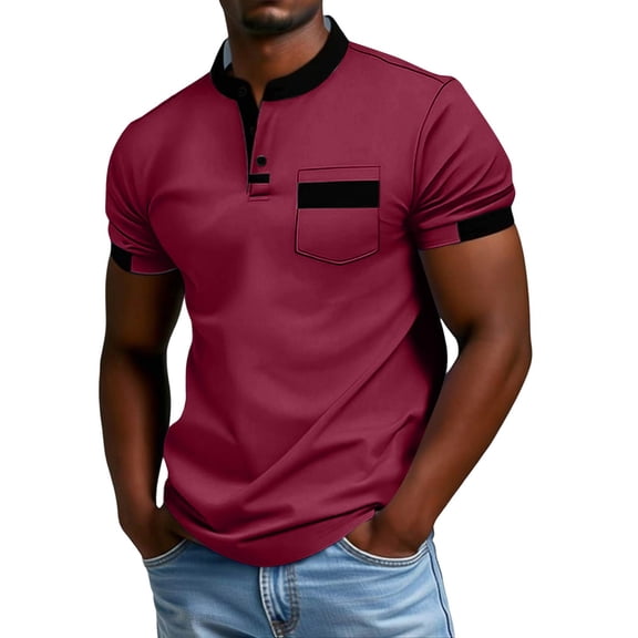 Men's Outdoor Sports Casual Polo Shirt Short-Sleeve With Pocket Button Placket Lightweight Breathable Summer Active Wear,Wine,XL