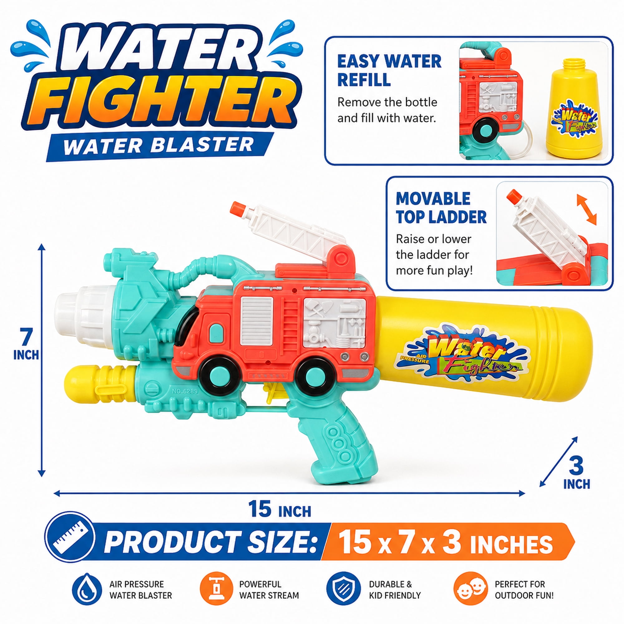 Firetruck Water Blaster Outdoor Toy, 15 Inch Water Shooter with Refillable Bottle, Tube Connection, Movable Top Ladder, Pump Action Water Spray Toy for Kids Summer Play
