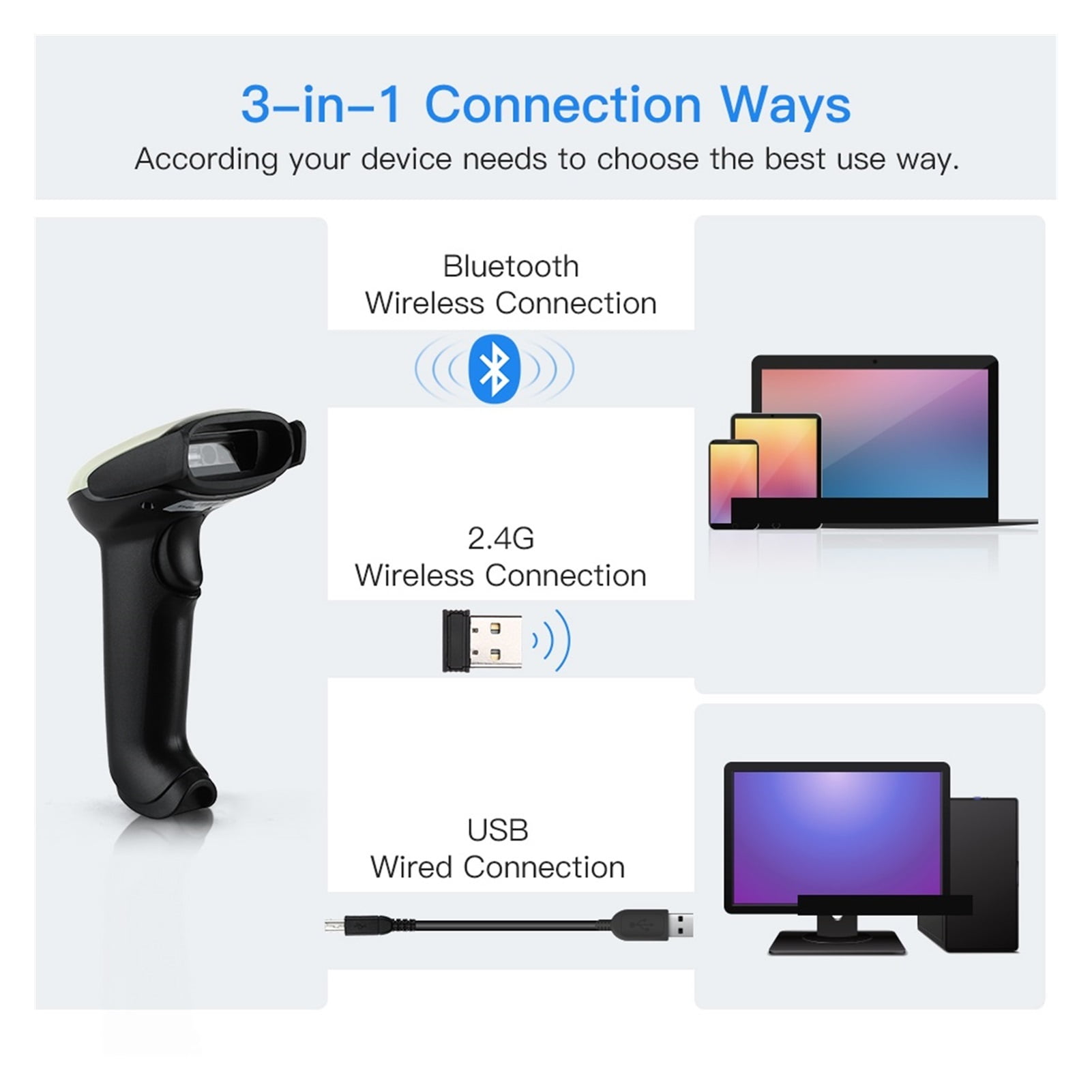 Wireless 2D Barcode Scanner With Adjustable Stand Bluetooth 2.4G Wireless USB Wired Handheld Barcode Reader 1D QR Scanner ,Easy to Operate